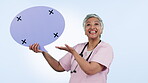 Nurse, woman and speech bubble poster, presentation mockup or healthcare chat, forum and advice in studio. Face, quote and mature nurse for medical communication, tracking marker and blue background