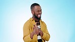 Pointing, you and face of black man wink on blue background for promotion, deal and choosing. Emoji, happy and portrait of person with hand gesture for encouragement, agreement and decision in studio