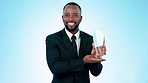 Man, winner and award with mockup, happy and smile for career achievement, applause and speech. Corporate, business success and celebration for hard work, excellence and startup financial growth