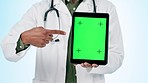 Doctor, hands or green screen on tablet for advertising healthcare app, sign up or telehealth information on blue background. Closeup, medical person or pointing to digital tracking markers in studio