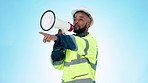 Black man, architect and pointing with megaphone in construction management against a studio background. African male person, contractor or engineer talking on bullhorn or loudspeaker in architecture