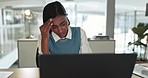 Business woman, pain and headache at laptop in office with anxiety, vertigo and crisis of brain fog, 404 glitch and fail. Frustrated indian employee at computer with stress, fatigue and mental health