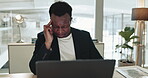 Black man, pain and headache in office with stress, vertigo and crisis of brain fog, 404 glitch and business fail at laptop. Frustrated, sick and tired worker at computer with fatigue of burnout 