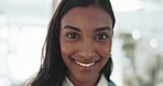 Business woman, smile and face closeup of a corporate worker in a office ready for compliance officer job. Female person, professional and portrait with happy confidence and pride at workplace