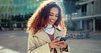 City, walking and woman with a cellphone, typing and social media with connection, email notification or mobile user. Person, outdoor or happy girl with digital app, smartphone or website information