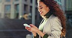 City, funny and woman with a cellphone, connection and contact with social media, website information and email notification. Person, lens flare or digital app with a smartphone, outdoor and internet