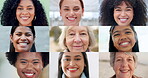 Woman, collage and portrait for diversity with smile for community, life insurance or older female. Group of people, composition or young child for connection or international in global or connected