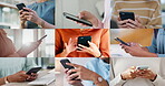 Collage, phone and hands for communication, typing and networking with internet, technology and network. Diversity, smartphone and women with email, chat and texting for conversation and connectivity