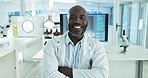 African scientist man, arms crossed and lab with face, pride and smile for innovation, medical research or job. Pharmaceutical expert, happy and portrait in laboratory, workshop or study in clinic