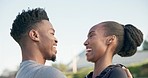 Face, hug and a fitness black couple training outdoor for health, wellness or a workout together. Exercise, love or smile with a happy young man and woman athlete laughing during their cardio routine