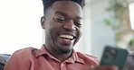 Happy, laugh and black man on sofa with phone for social media meme, internet joke and funny message. Home, relax and person on smartphone with smile for humor, comedy and online chat in living room