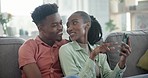 Black couple, phone and point screen on sofa notification online connection, social media or internet. Happy partnership, network communication and information search together in home, chat or relax