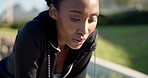 Tired runner, African woman and park with thinking for fitness vision, health and heavy breathing with rest. Girl, running and training break with fatigue for wellness, workout or exercise in summer