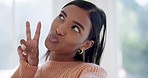 Woman, influencer and selfie with kiss face and peace hand sign in live stream, social media and communication. Young creative, content creation and connection with emoji, blog and photography