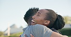 Face, exercise and a black couple hugging while training outdoor for health, wellness or a workout together. Fitness, love or smile with a man and woman athlete laughing during their cardio routine