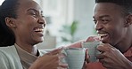 Black people, coffee and couple laughing together at home, happiness and bonding with love and healthy relationship. Communication, funny story with warm drink, comfort and conversation in lounge