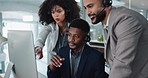 Business people, call center and coaching team in telemarketing, customer service or support at office. Staff, agent or consultant training together in teamwork for online advice, help or contact us