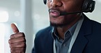 Closeup, man and mouth consulting in call center, customer service or telemarketing at office. Lips of male person, consultant or agent talking on headphones for online advice, help or contact us