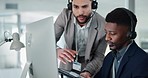 Call center, training and man learning in office with mentor, technical support and advice for working on computer. Employees, collaboration and questions for manager helping on project with tech