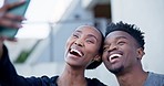 Happy black couple, fitness and selfie for photography, social media or memory together in city. African man and woman smile for photograph, picture or vlog in relax or happiness for love or support