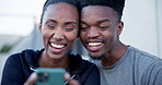 Phone, typing and funny couple outdoor in city, reading meme or comedy on email notification. Smartphone, laughing African man and woman on internet for communication, social media and happy together