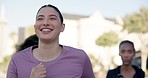 Running, happiness and face of woman, people or team training, cardio challenge or sports wellness exercise. Neighborhood community, happy runner and athlete workout, marathon fitness or outdoor race