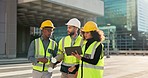 People, architect and team walking with tablet in planning for construction, building or project in city. Group of employees, contractor or engineer in teamwork with technology for architecture plan