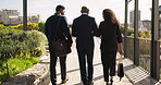 Business team, walking and talking in park with outdoor for conference or collaboration, communication or work. Colleagues, professional and employees for career in corporate, support or convention