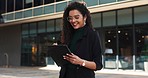 Tablet, smile and businesswoman walking in the city doing research for a legal strategy. Happy, digital technology and professional female lawyer from Mexico working on case commuting in urban town.