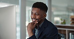 Businessman, thinking and reading on computer with a smile in office for email, feedback or communication. Working, online or black man with research, inspiration or ideas from Nigeria report or news