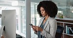 Phone, networking and businesswoman in the office typing a message on the internet or mobile app. Technology, chatting and frustrated female lawyer on cellphone for email or social media in workplace