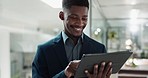 Tablet, networking and businessman in the office typing a message on the internet or mobile app. Digital technology, chatting and African male lawyer scroll on social media or website in workplace.