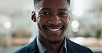Young businessman, smile and face on closeup with confidence and positive attitude for startup at work. Employee, professional and portrait of entrepreneur and bokeh or ready for career in accounting
