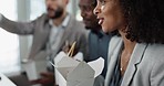 Chinese food, collaboration and a business woman with her team in the office for a meeting while eating. Lunch, teamwork and a happy young employee group in the professional workplace for a break