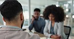 Talking, discussion and business people in a meeting for an agenda, planning and coaching at work. Teamwork, collaboration and a man speaking to employees about a project, training or target