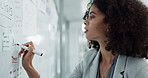Writing ideas, brainstorming and a woman on a board for education, planning or a strategy. Business, corporate and a female employee with marketing innovation, goal or a target for our vision