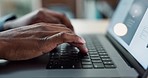 Hands typing, laptop keyboard and closeup at desk, web design and planning for user experience on app. Business person, computer and click for research, data analytics and internet in workplace