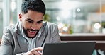 Laptop, email and smile with a business man at work in his office for a project management report. Computer, research and information with a happy young employee reading communication in the office