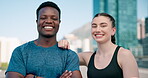 Fitness, sport woman and man relax after gym, portrait and smile outdoor in city for training workout and exercise. Wellness, people and happiness for healthy mindset and body with embrace or laugh