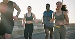 People, fitness and running in road for workout, outdoor exercise or training together in urban town. Group of active runners or athlete in sprint, cardio or sports marathon, race or practice in city