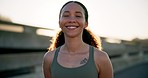 Face, city and woman with fitness, smile and wellness with lens flare, workout and relax with training. Portrait, happy person and runner with happiness, challenge and athlete with health and outdoor