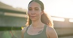 Face, city and woman with fitness, exercise and wellness with lens flare, workout and athlete with training. Portrait, person and runner with happiness, challenge and outdoor with health and sports