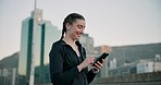 City exercise, happy woman with phone and earphones for music streaming, fitness app or podcast for motivation. Online training schedule, urban workout and girl with smartphone, headphones and smile.