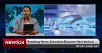 Breaking news, woman and covid on tv broadcast, report or information on virus variant in pandemic. Television studio, African presenter face and tablet for corona bacteria, headlines or lab analysis