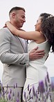 Outdoor, hug and couple with wedding, dancing and happiness with marriage, romantic and celebration. Man, happy woman and embrace outside, relationship and bride with groom, romance and commitment