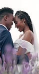 Outdoor, hug and black couple with marriage, wedding and happiness with romance, event and celebration. African man, woman and embrace outside, love or happy bride with groom, romantic and commitment