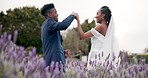 Wedding, dancing and black couple in garden for reception, celebration and excited future together. Gazebo, man and woman with smile at marriage with flowers, music and happiness at party in nature.