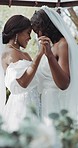 Lesbian, marriage and women dance at wedding for commitment, love celebration and ceremony. Relationship,  African and brides dancing for lgbt, queer and gay romance for connection, care and bonding 