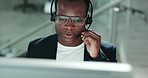 Business man, call center and computer for technical support, information technology solution and IT services. African tech consultant talking and helping in virtual network, software or night advice