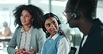 Coaching, telemarketing and business people with help, call center and communication with computer. Staff, group and man with women, tech support and customer service with headset and mentor with crm